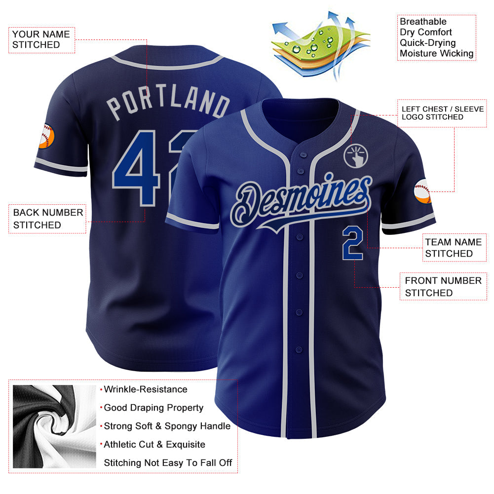 Custom Navy Royal-Gray Authentic Gradient Fashion Baseball Jersey view 3