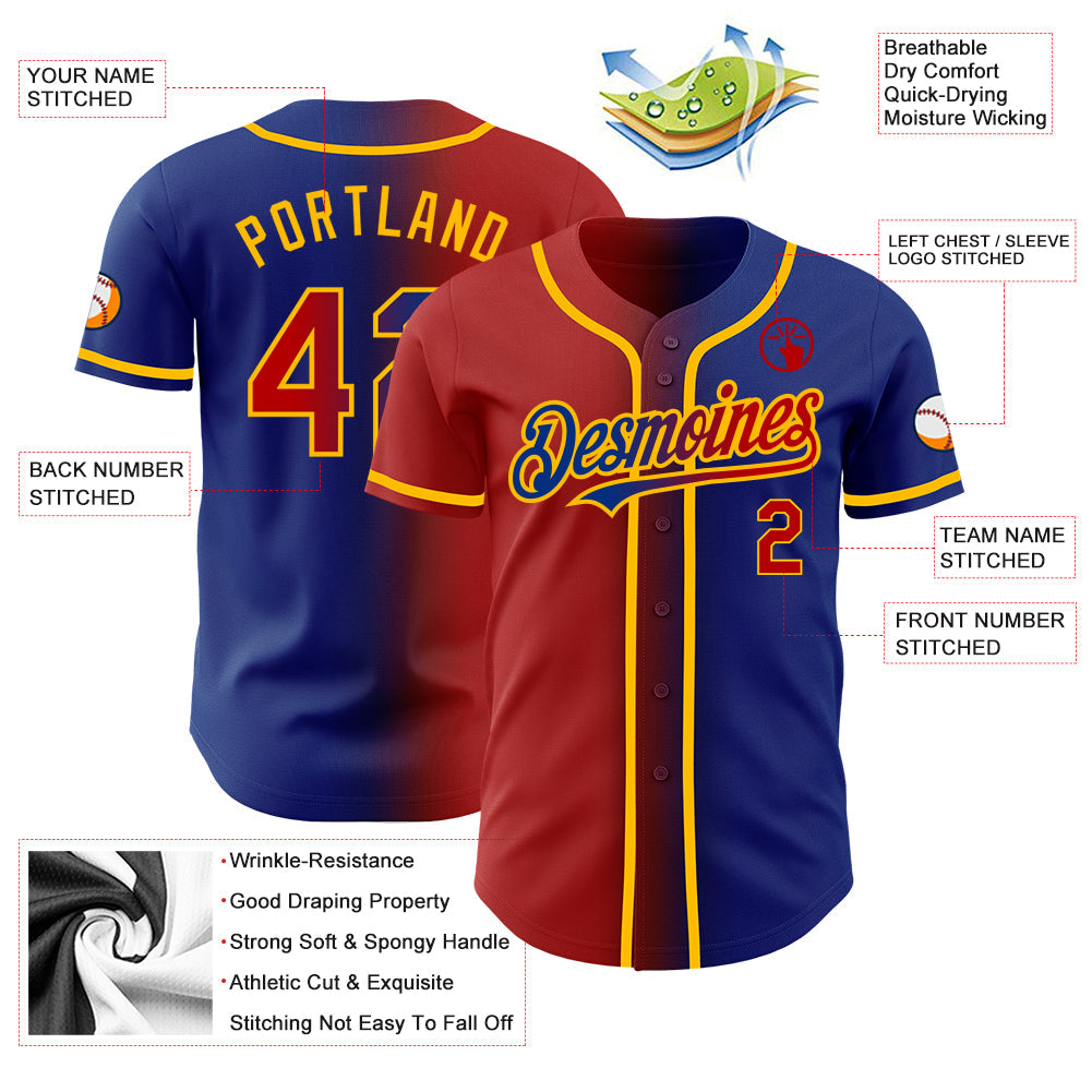 Custom Royal Red-Gold Authentic Gradient Fashion Baseball Jersey view 3