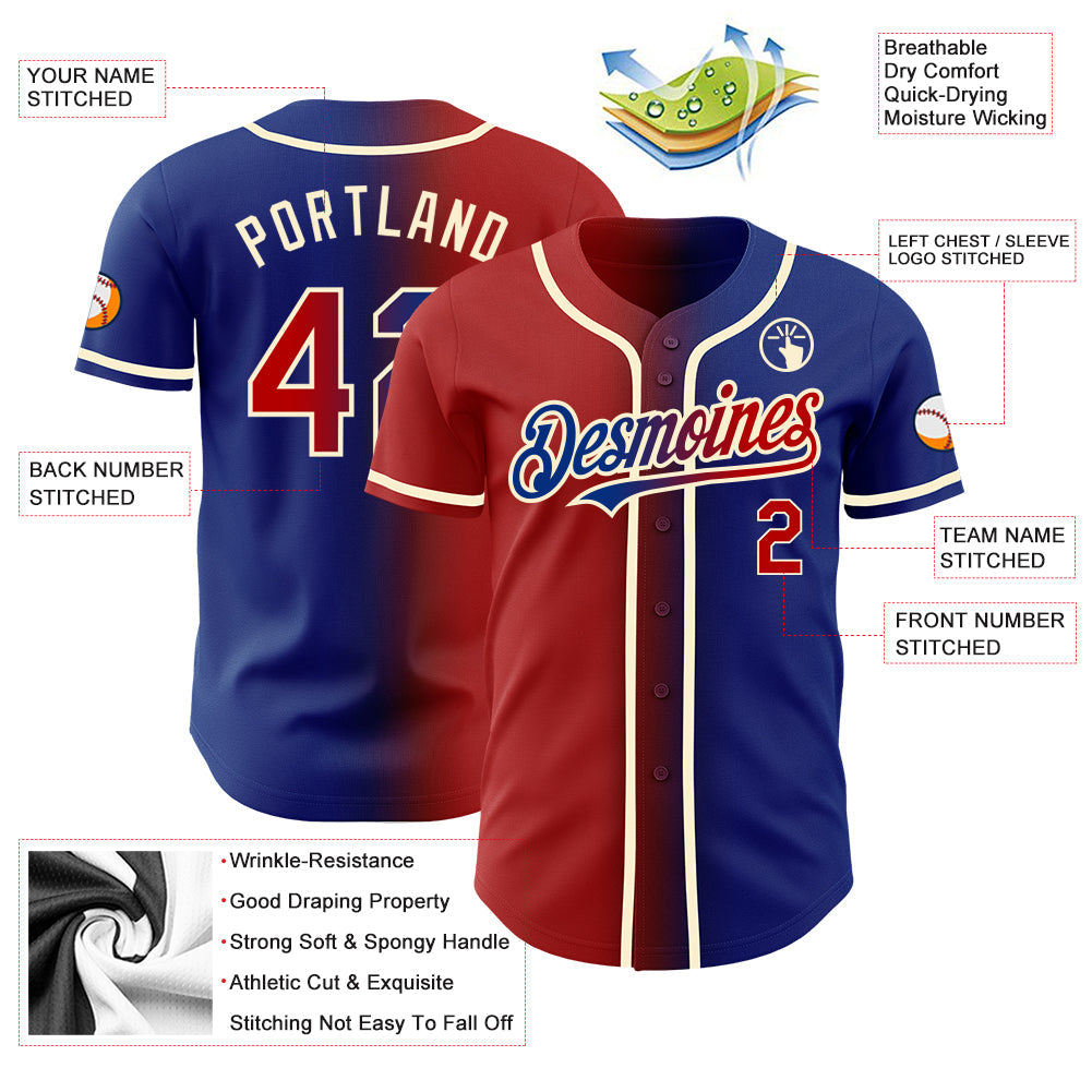 Custom Royal Red-Cream Authentic Gradient Fashion Baseball Jersey view 3