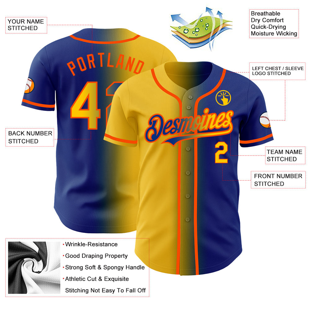 Custom Royal Yellow-Orange Authentic Gradient Fashion Baseball Jersey view 3