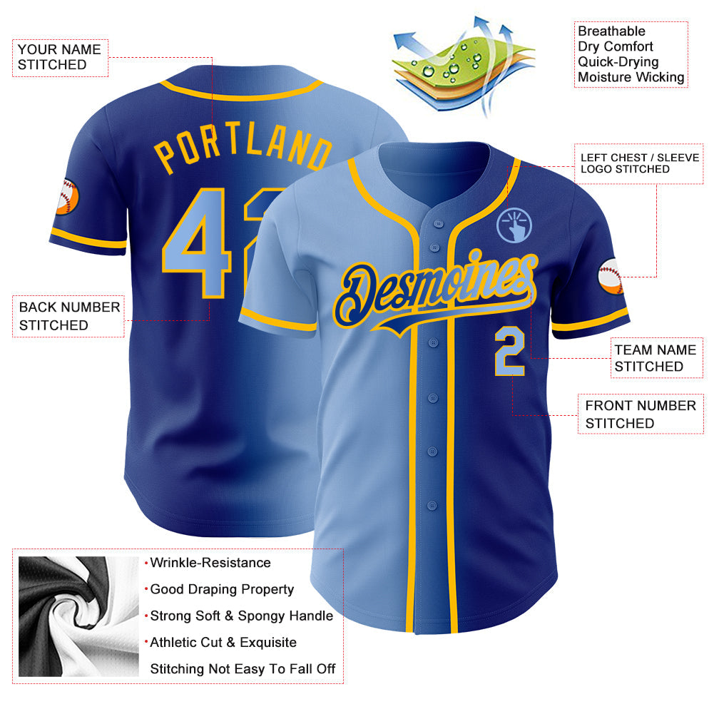 Custom Royal Light Blue-Gold Authentic Gradient Fashion Baseball Jersey view 3