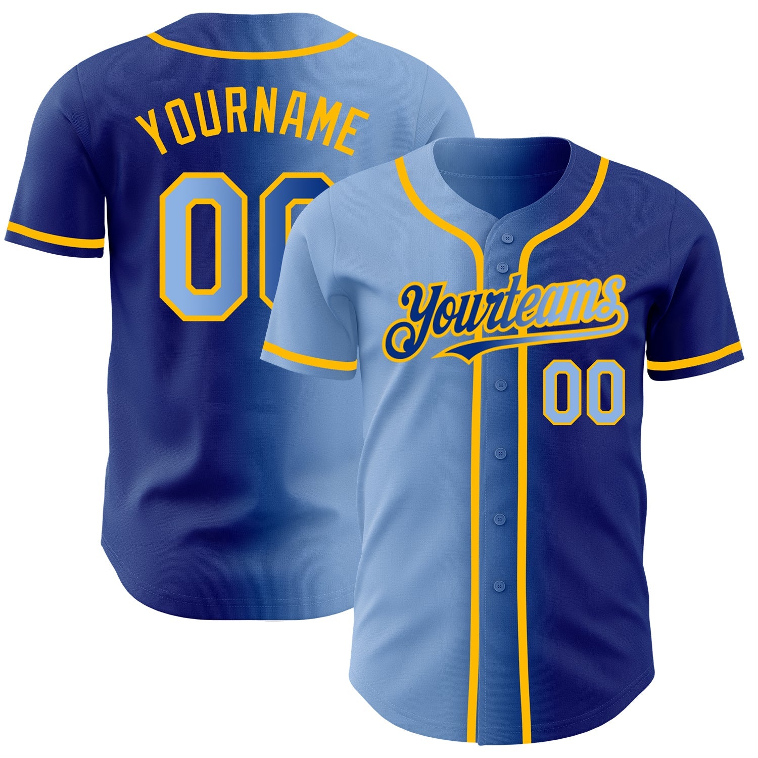 Custom Royal Light Blue-Gold Authentic Gradient Fashion Baseball Jersey - Main View