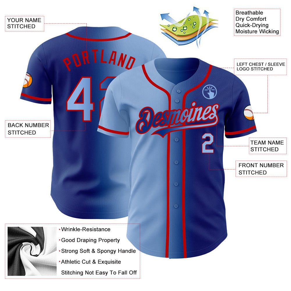 Custom Royal Light Blue-Red Authentic Gradient Fashion Baseball Jersey view 3