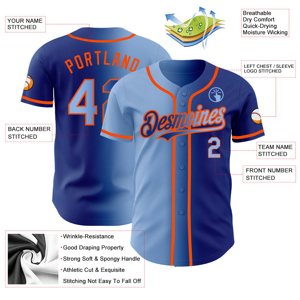 Custom Royal Light Blue-Orange Authentic Gradient Fashion Baseball Jersey view 3