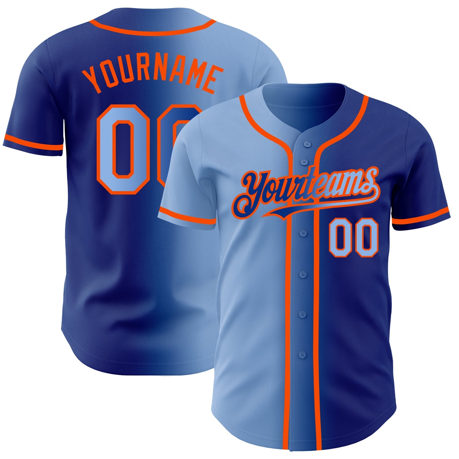 Custom Royal Light Blue-Orange Authentic Gradient Fashion Baseball Jersey - Main View