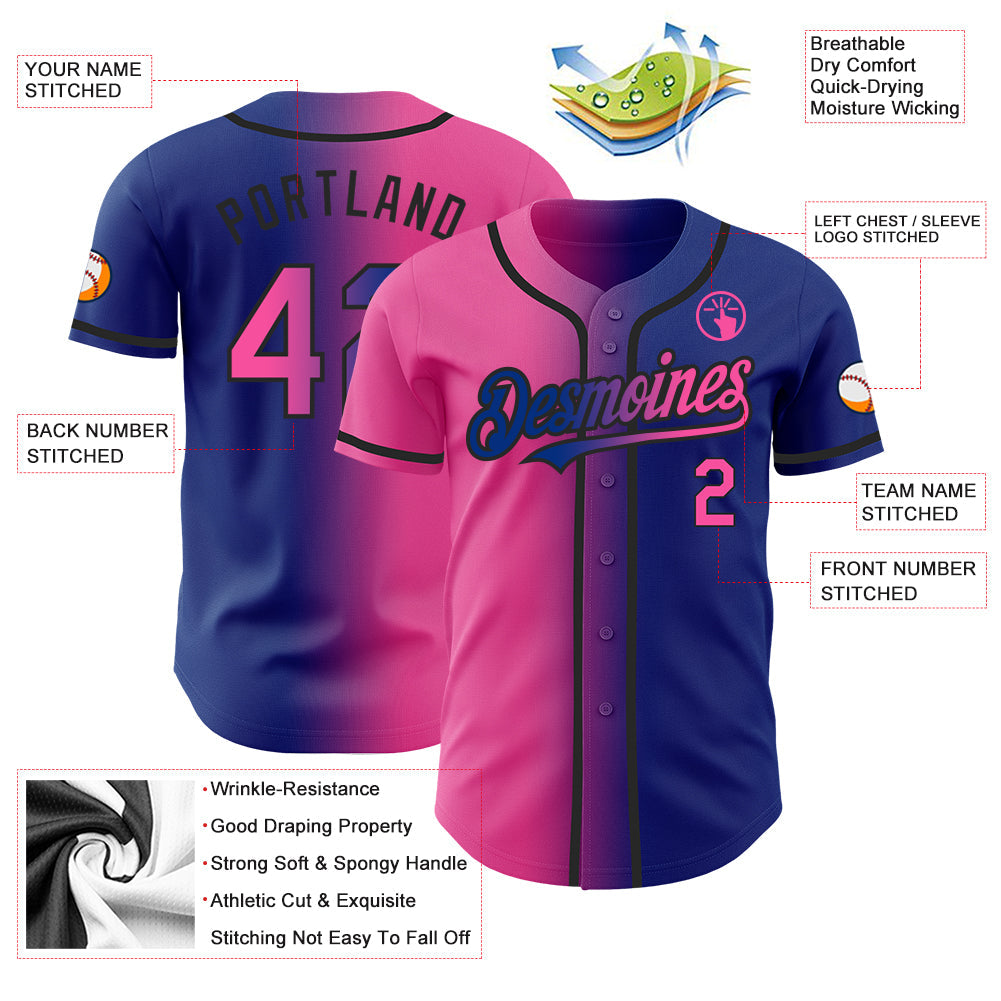 Custom Royal Pink-Black Authentic Gradient Fashion Baseball Jersey view 3