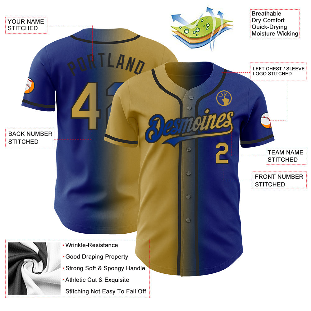 Custom Royal Old Gold-Black Authentic Gradient Fashion Baseball Jersey view 3