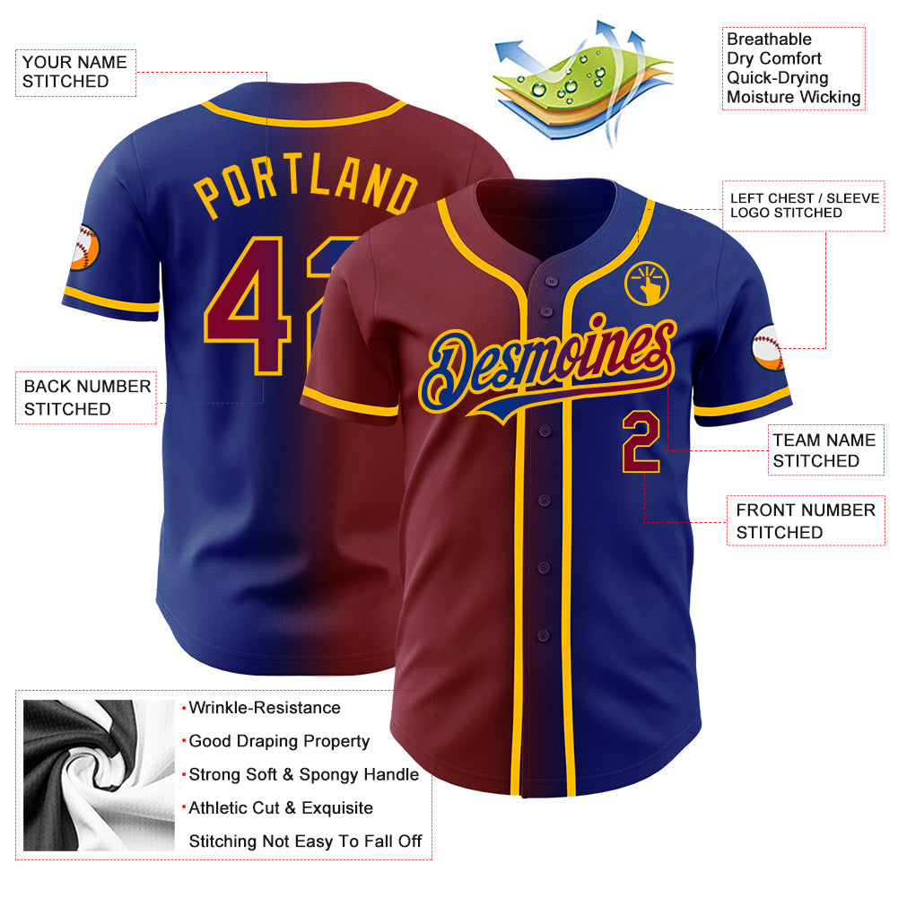 Custom Royal Maroon-Gold Authentic Gradient Fashion Baseball Jersey view 3