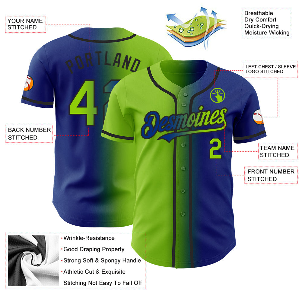 Custom Royal Neon Green-Black Authentic Gradient Fashion Baseball Jersey view 3