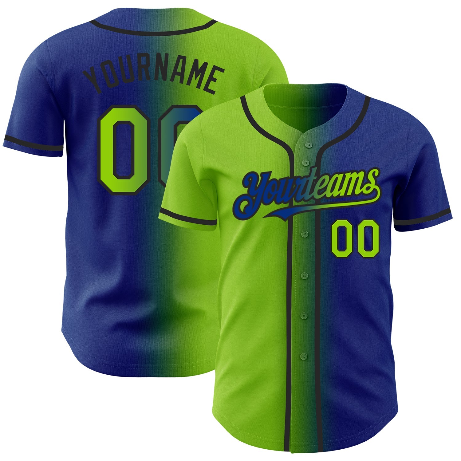 Custom Royal Neon Green-Black Authentic Gradient Fashion Baseball Jersey - Main View