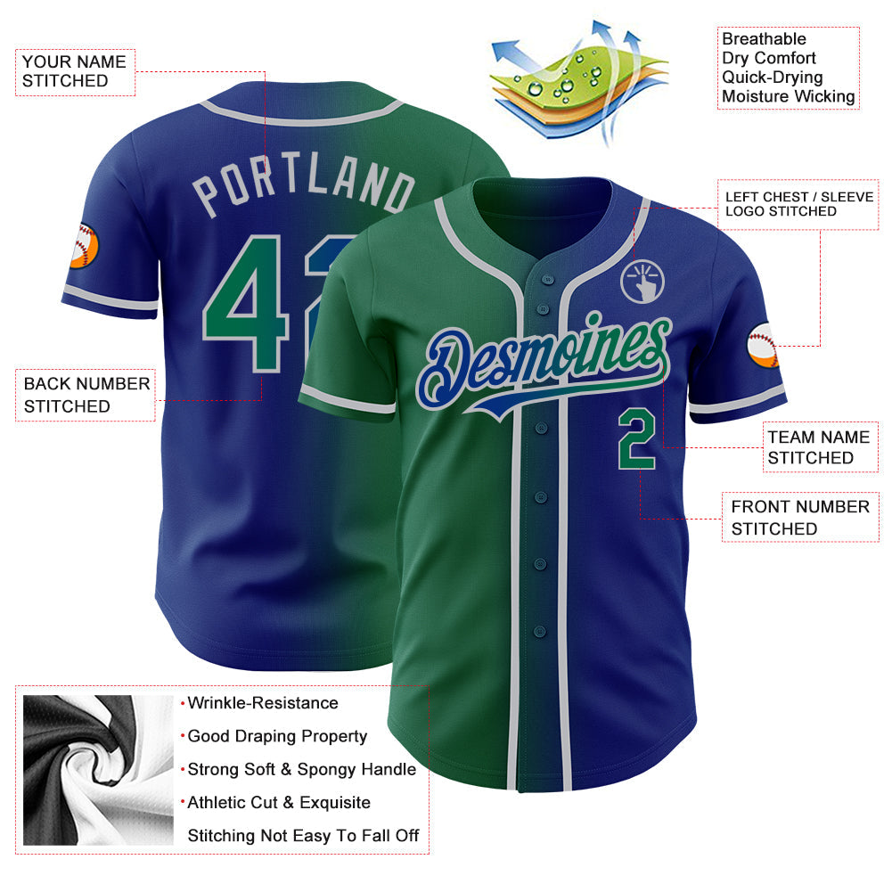 Custom Royal Kelly Green-Gray Authentic Gradient Fashion Baseball Jersey view 4