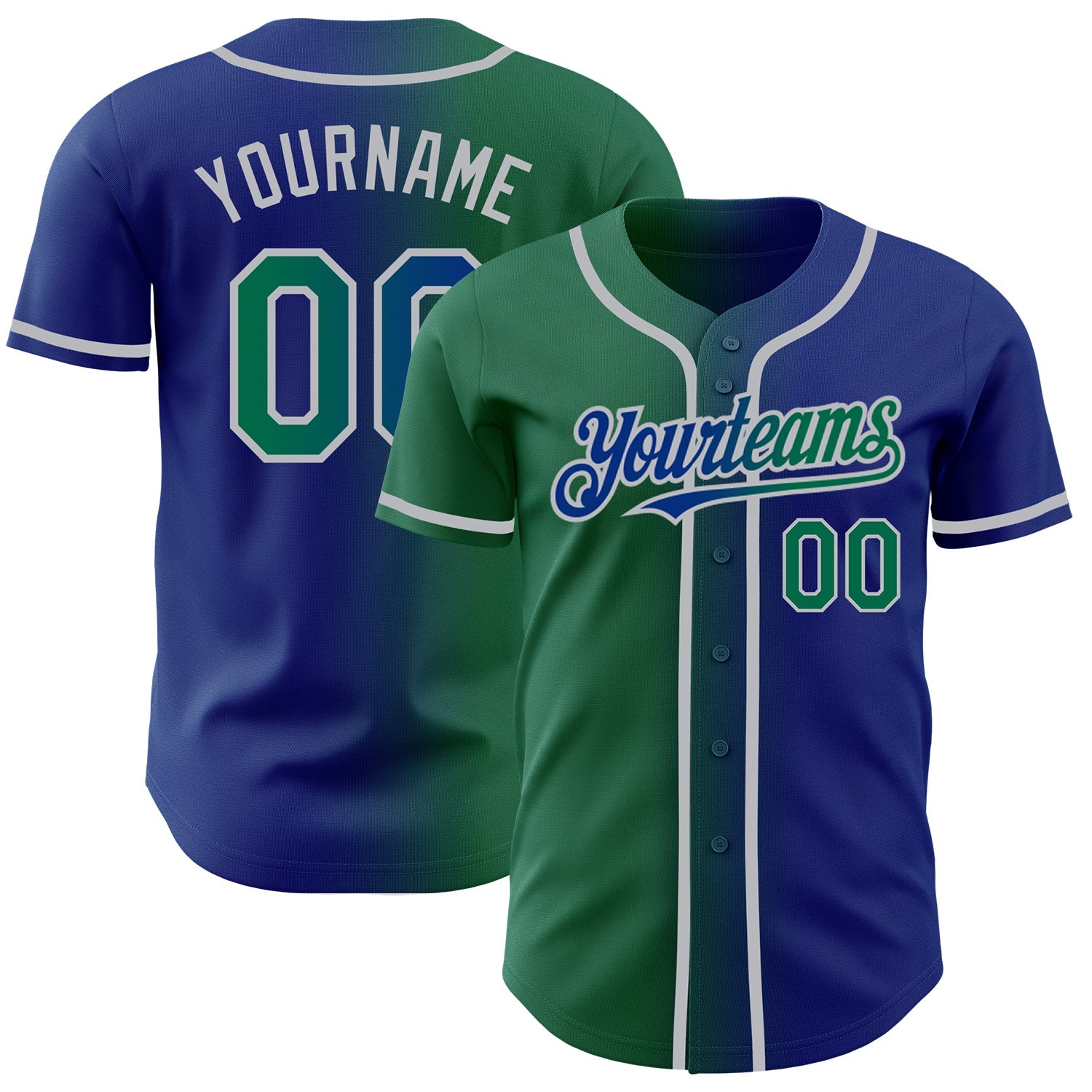 Custom Royal Kelly Green-Gray Authentic Gradient Fashion Baseball Jersey - Main View