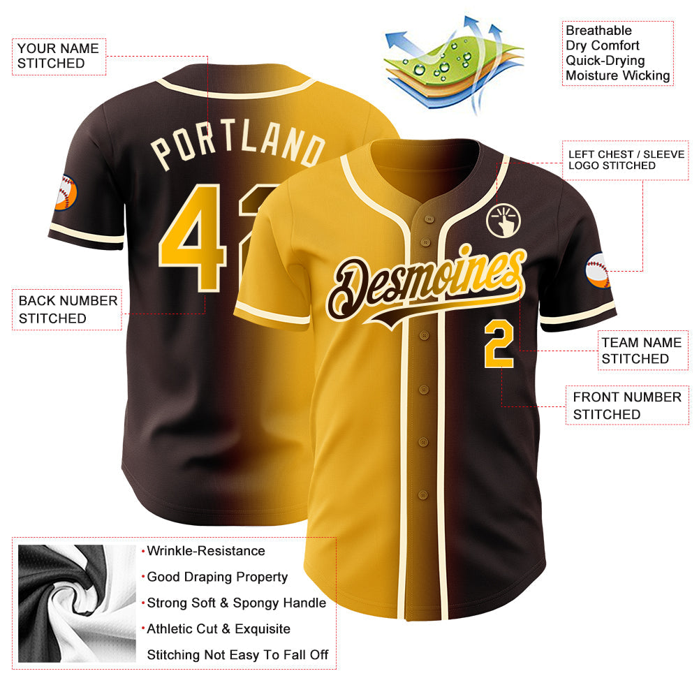 Custom Brown Gold-Cream Authentic Gradient Fashion Baseball Jersey view 3