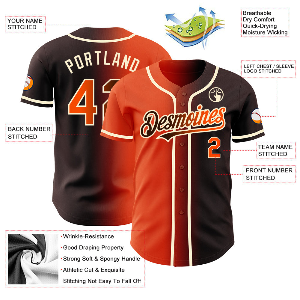 Custom Brown Orange-Cream Authentic Gradient Fashion Baseball Jersey view 3