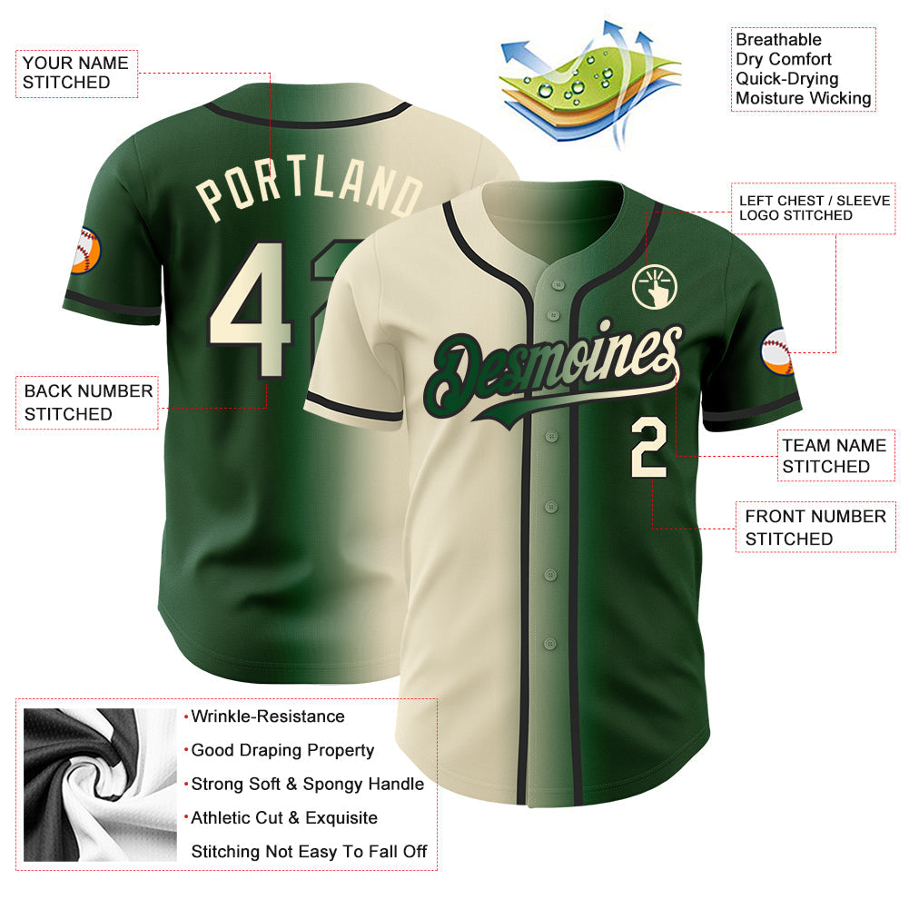 Custom Green Cream-Black Authentic Gradient Fashion Baseball Jersey view 3