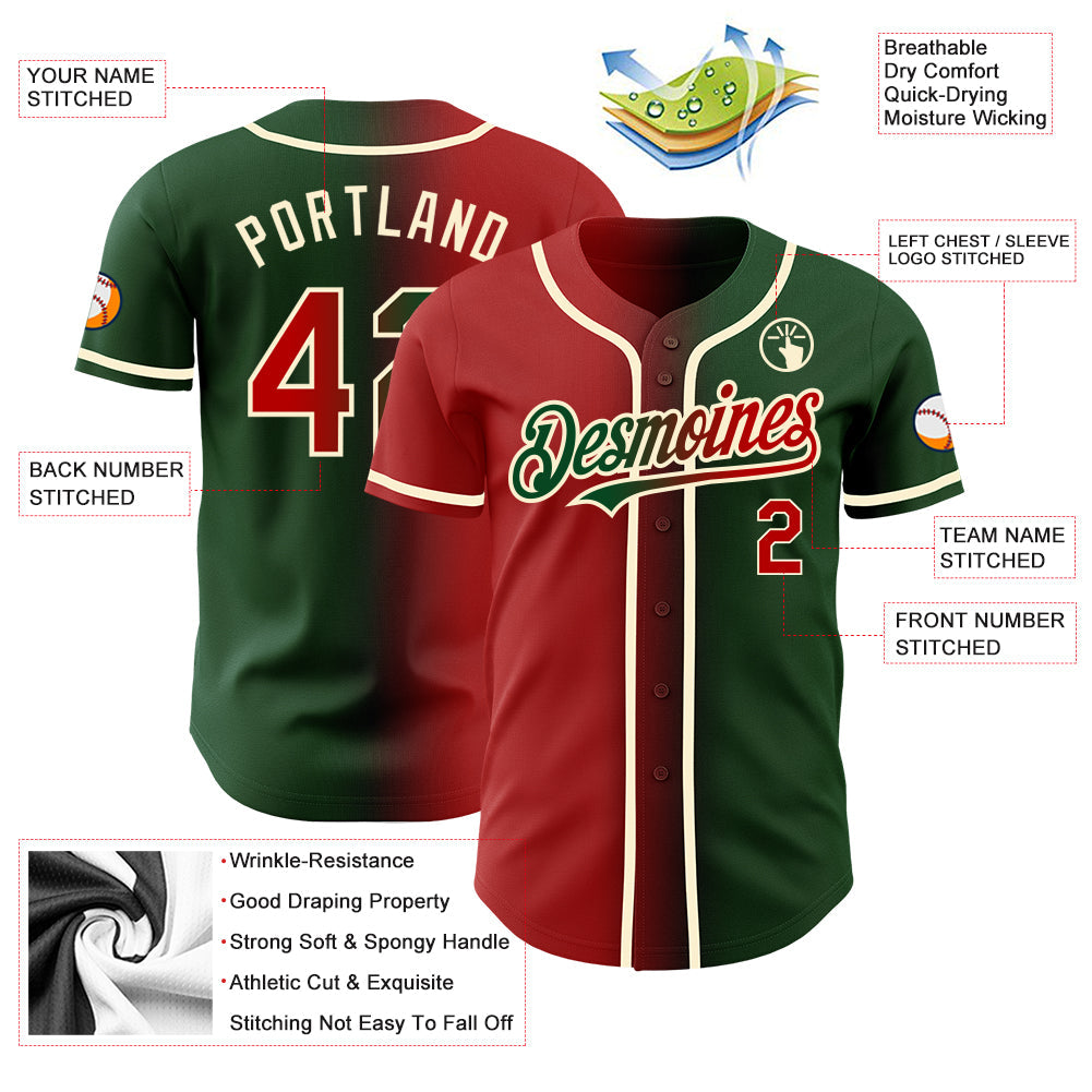 Custom Green Red-Cream Authentic Gradient Fashion Baseball Jersey view 3
