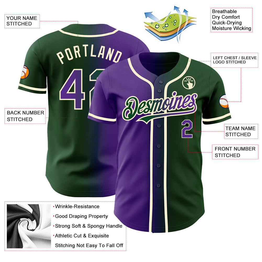 Custom Green Purple-Cream Authentic Gradient Fashion Baseball Jersey view 3