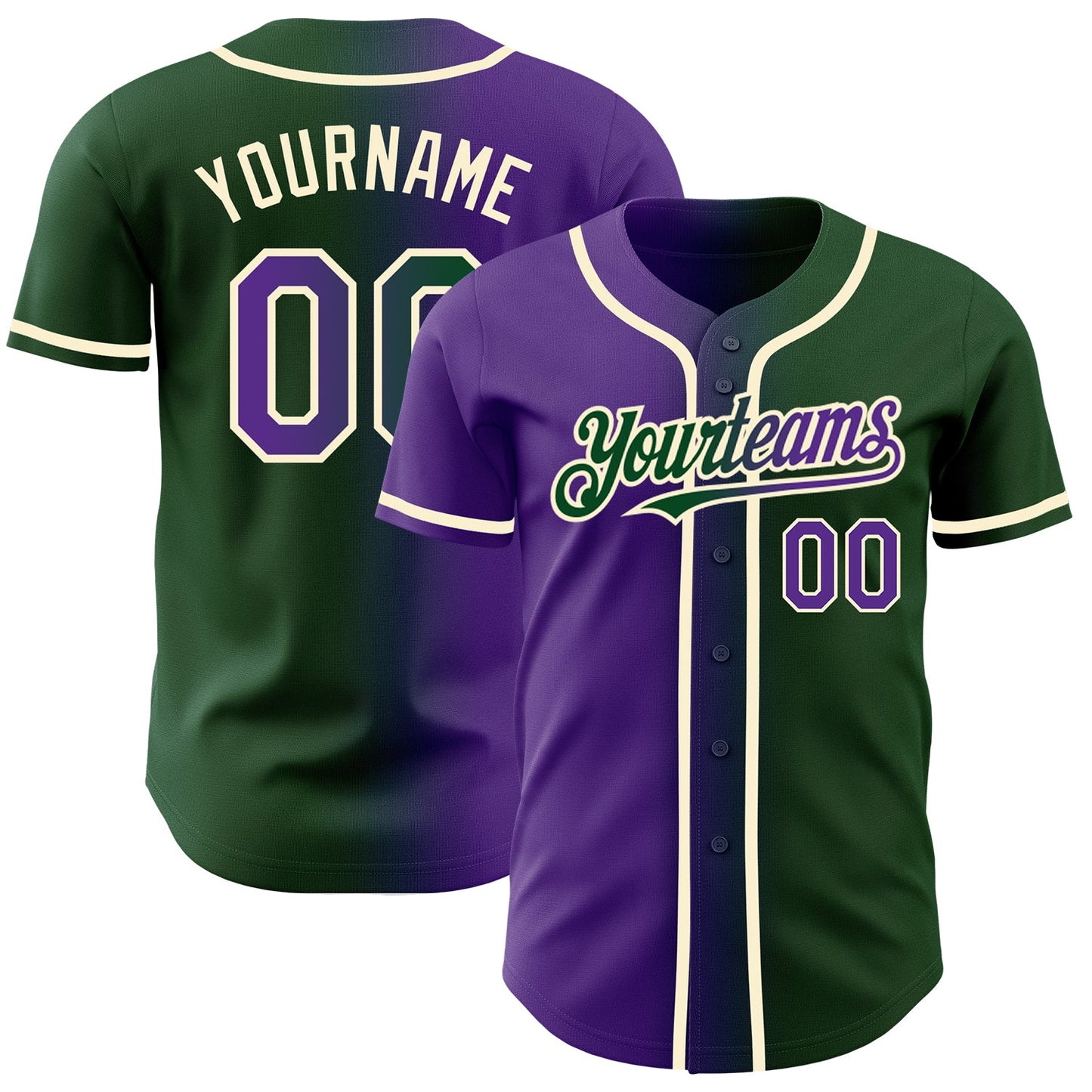 Custom Green Purple-Cream Authentic Gradient Fashion Baseball Jersey - Main View