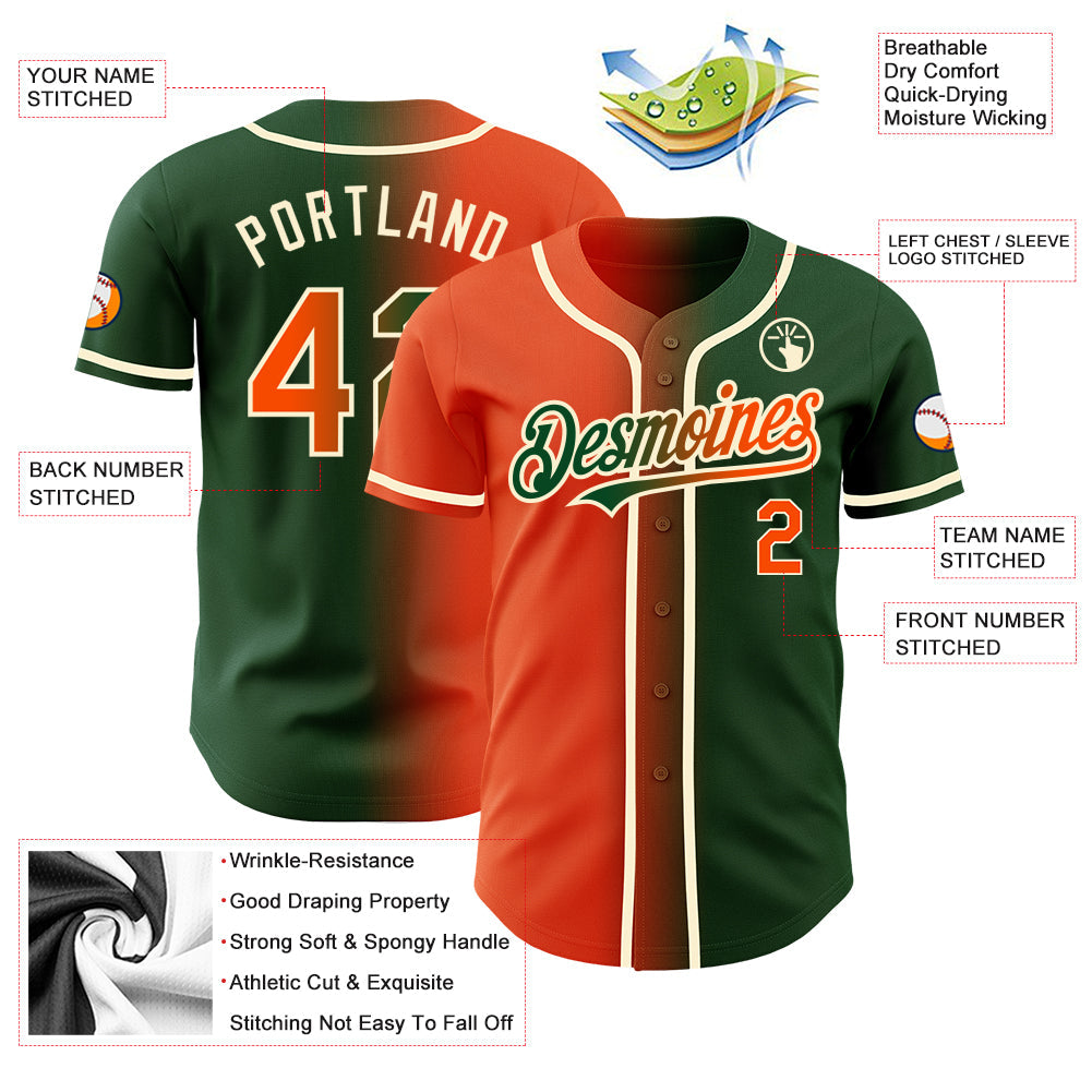 Custom Green Orange-Cream Authentic Gradient Fashion Baseball Jersey view 3