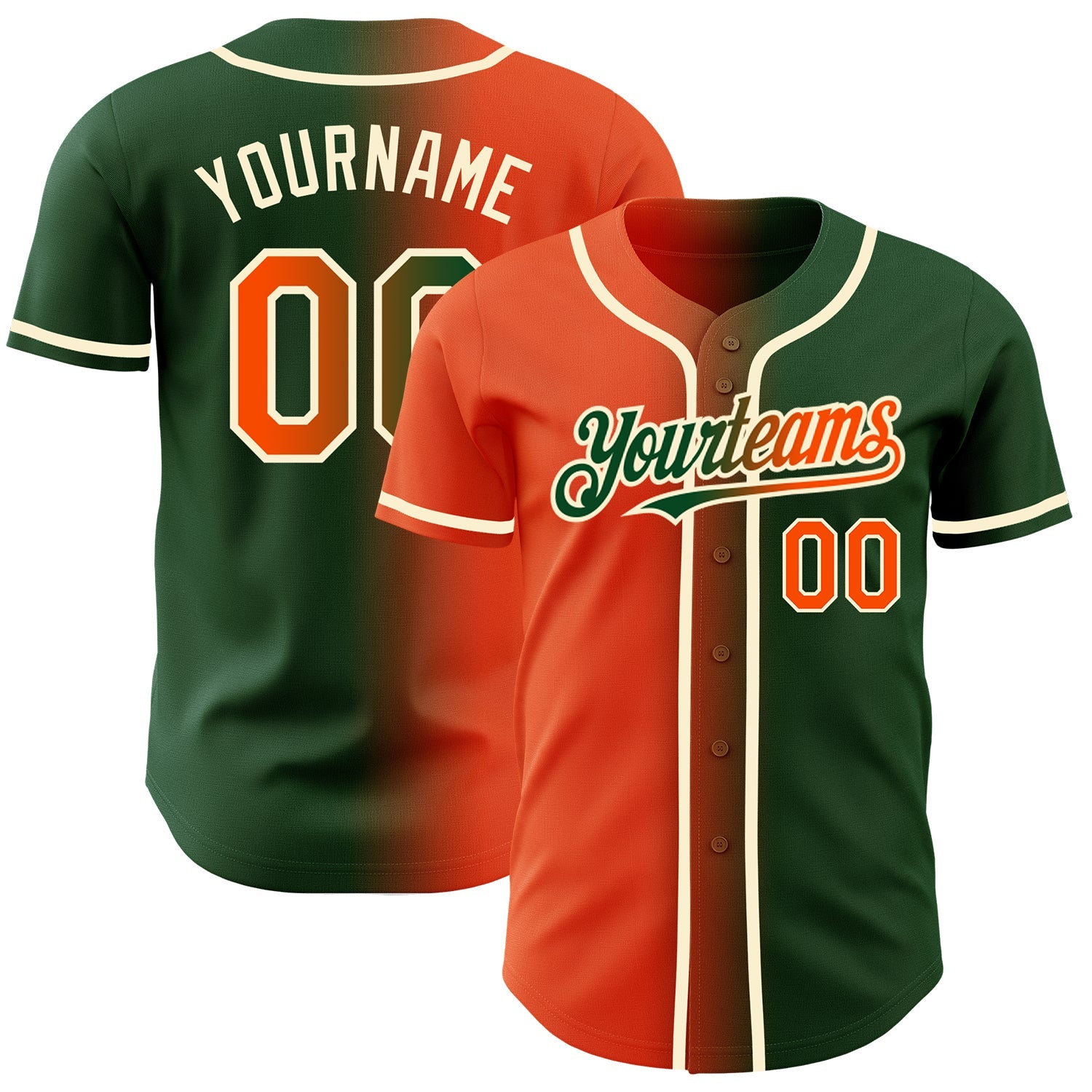 Custom Green Orange-Cream Authentic Gradient Fashion Baseball Jersey - Main View