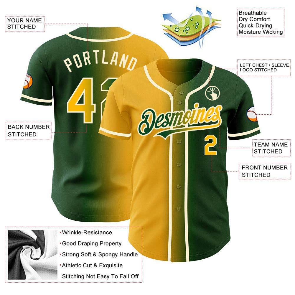 Custom Green Gold-Cream Authentic Gradient Fashion Baseball Jersey view 3