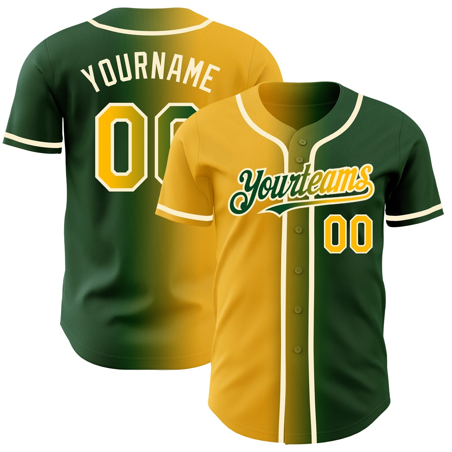Custom Green Gold-Cream Authentic Gradient Fashion Baseball Jersey - Main View