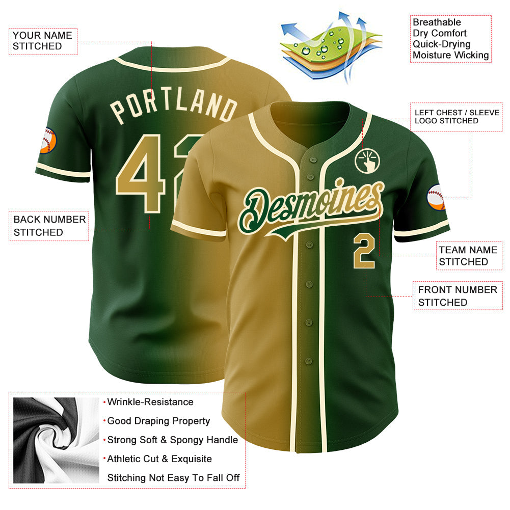 Custom Green Old Gold-Cream Authentic Gradient Fashion Baseball Jersey view 3