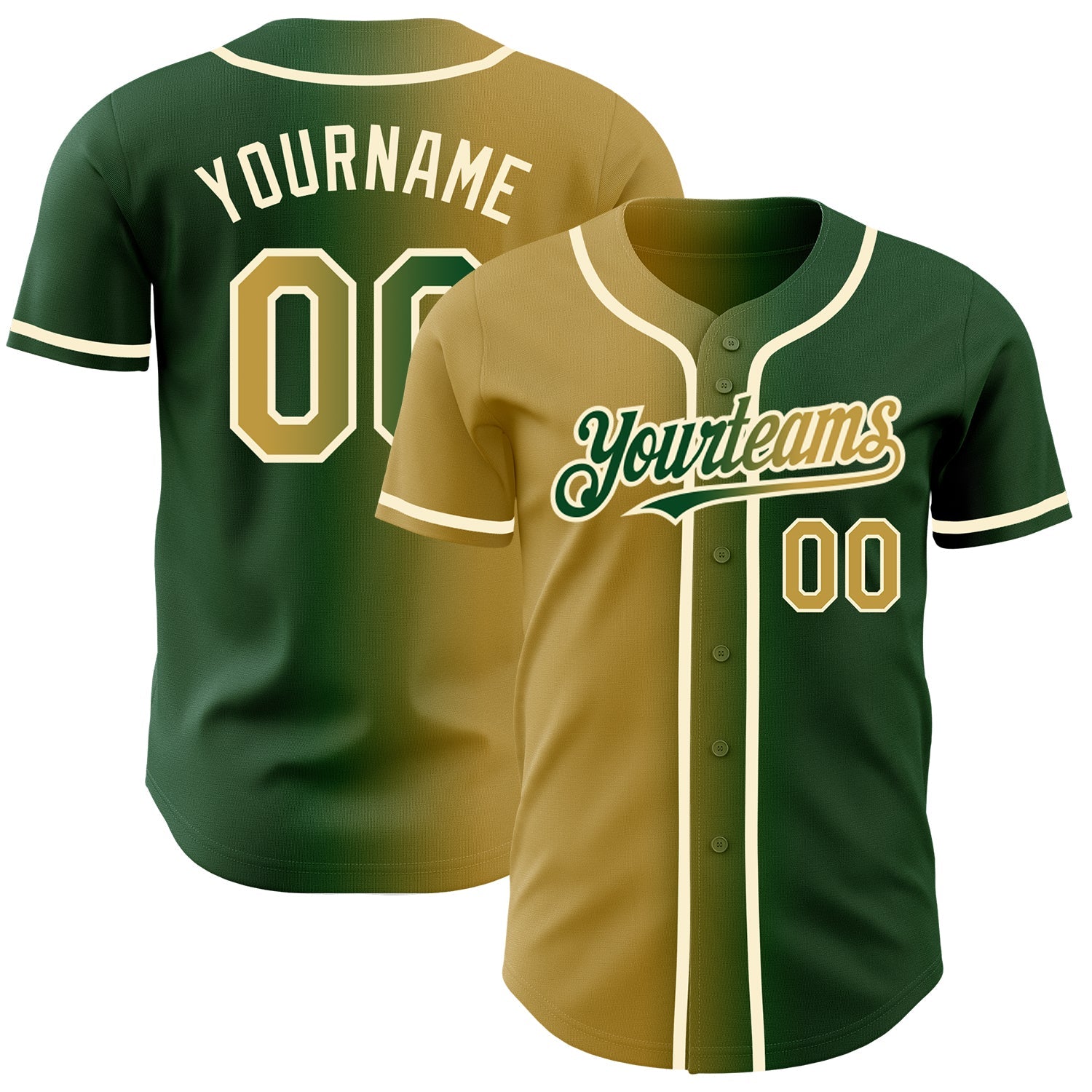 Custom Green Old Gold-Cream Authentic Gradient Fashion Baseball Jersey - Main View