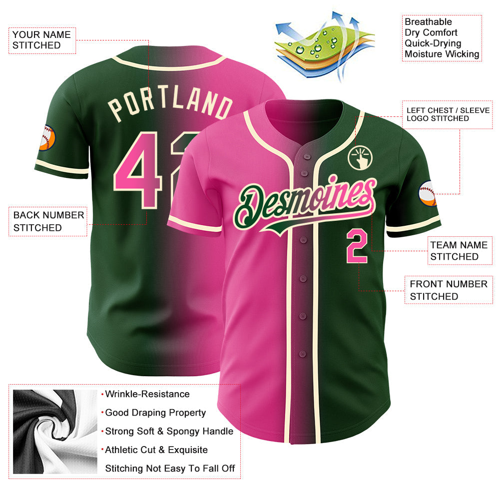 Custom Green Pink-Cream Authentic Gradient Fashion Baseball Jersey view 3