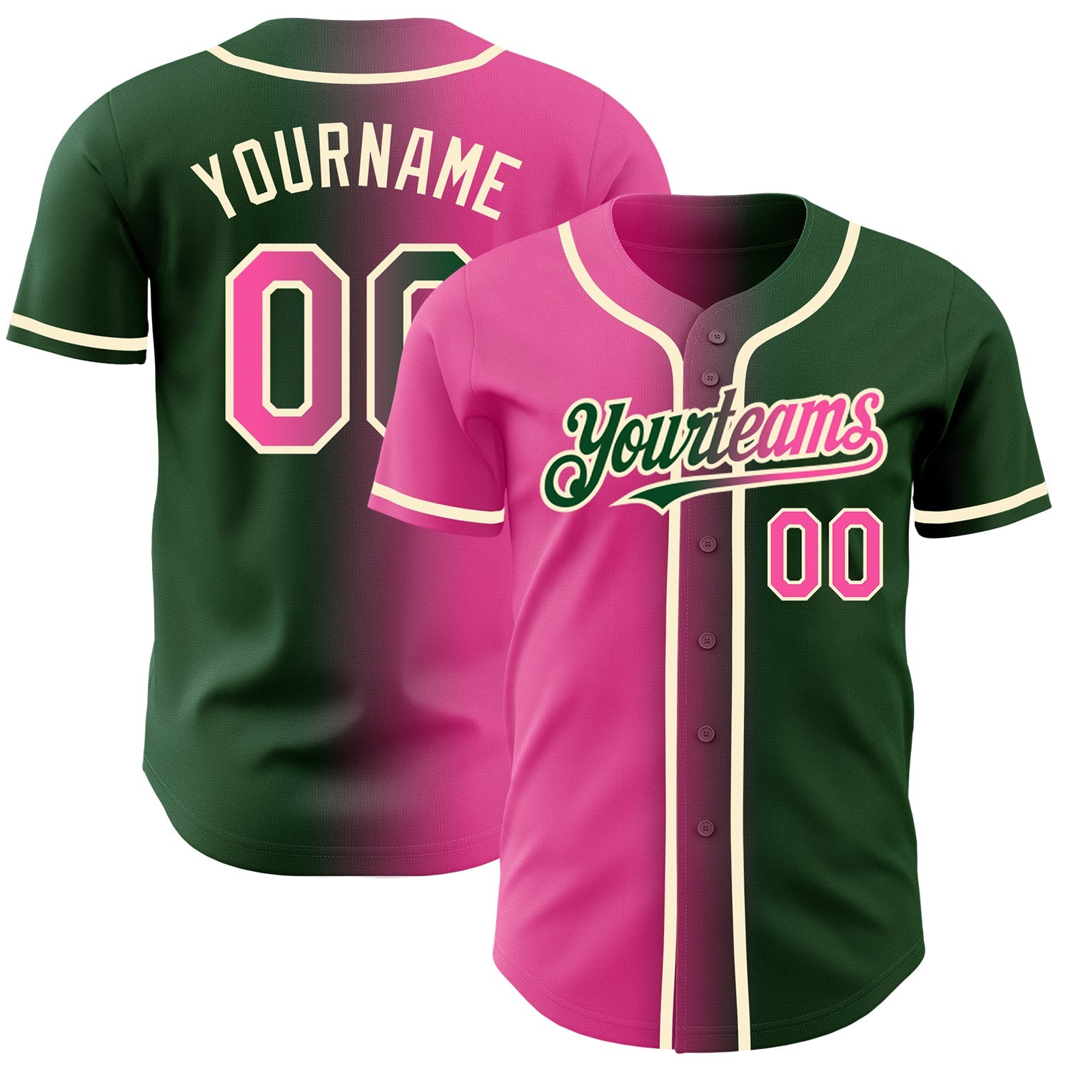 Custom Green Pink-Cream Authentic Gradient Fashion Baseball Jersey - Main View