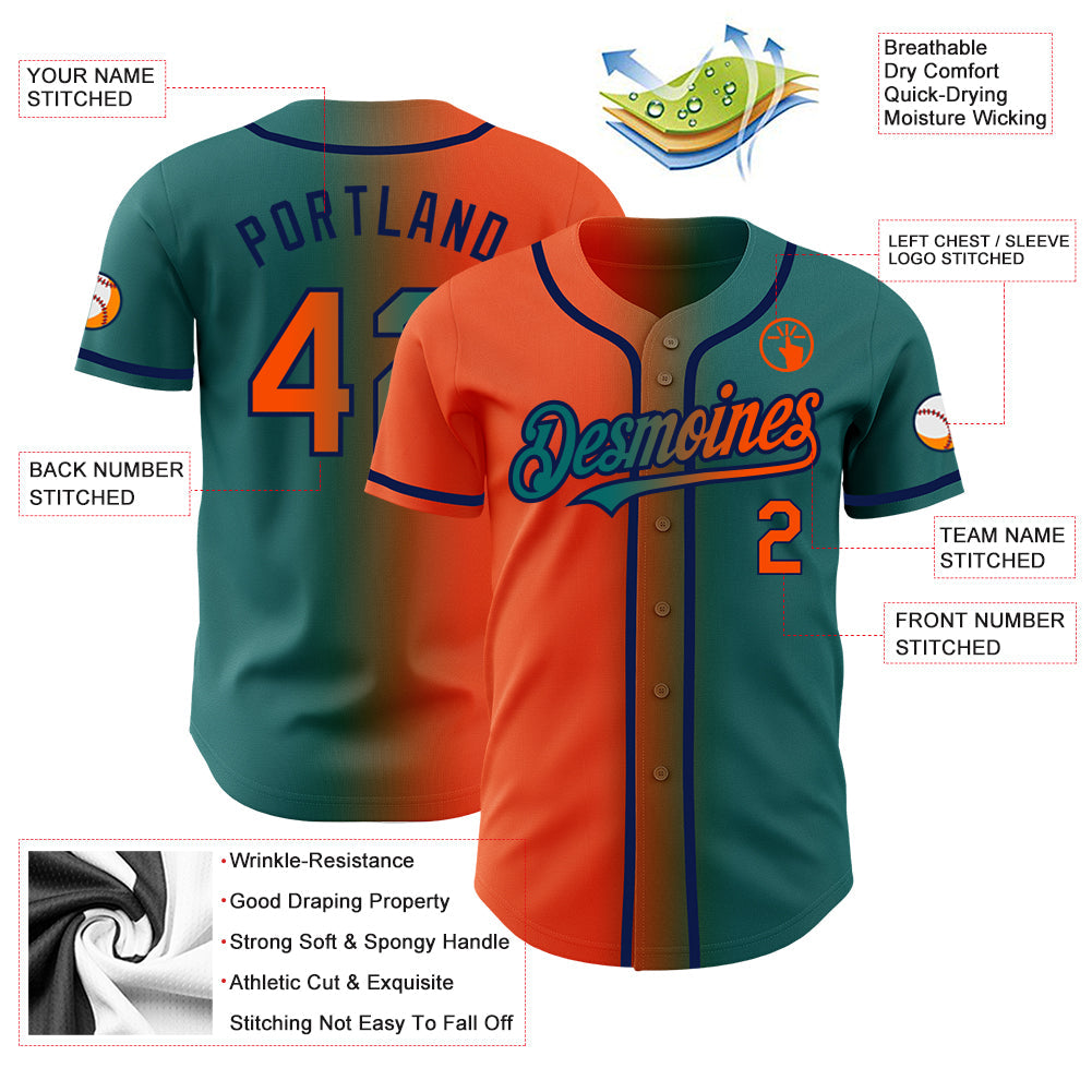 Custom Teal Orange-Navy Authentic Gradient Fashion Baseball Jersey view 3