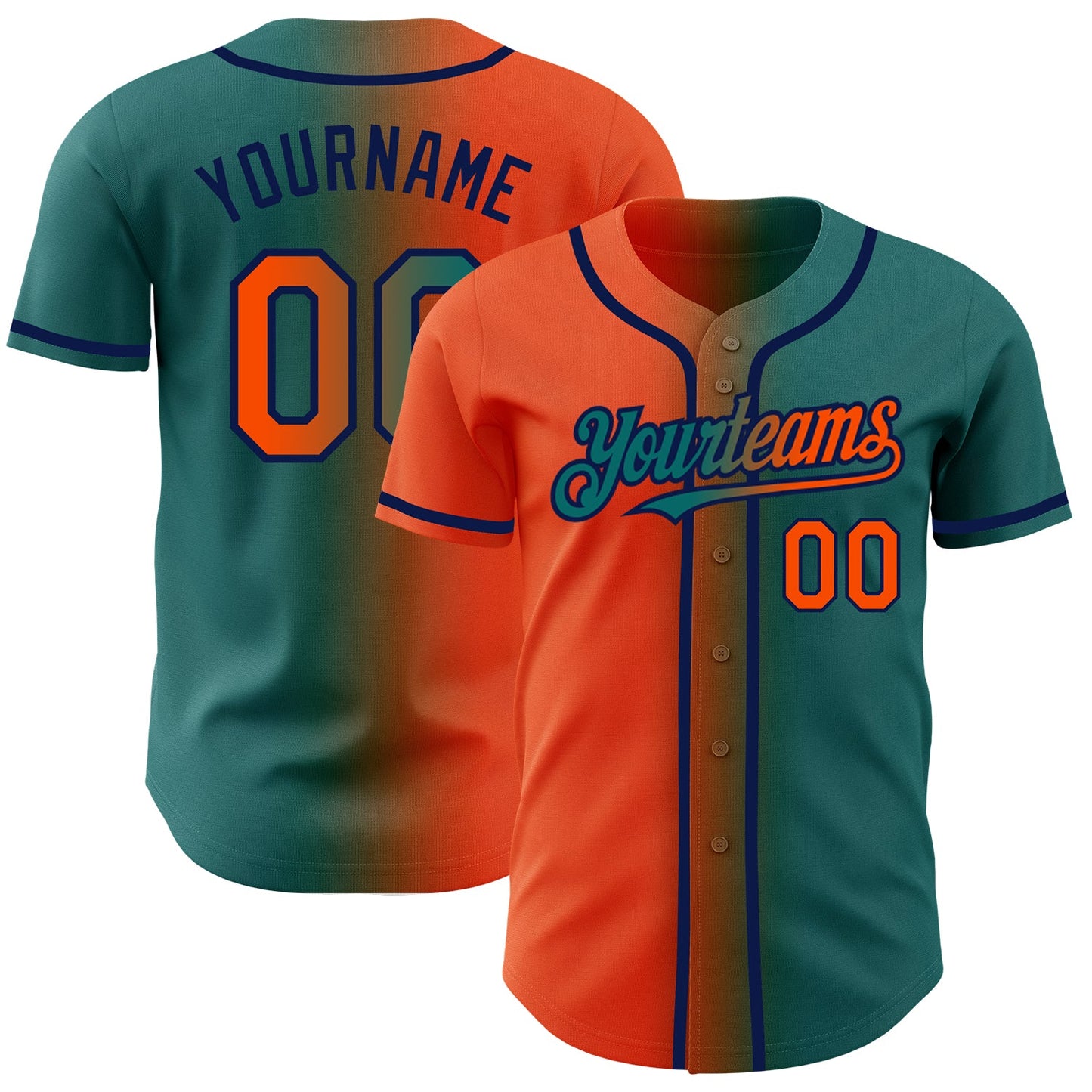 Custom Teal Orange-Navy Authentic Gradient Fashion Baseball Jersey - Main View