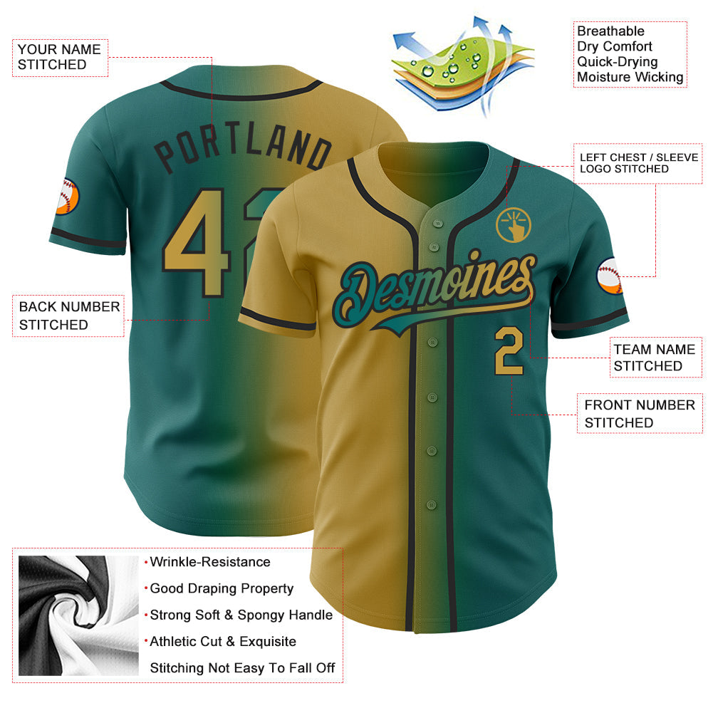 Custom Teal Old Gold-Black Authentic Gradient Fashion Baseball Jersey view 3