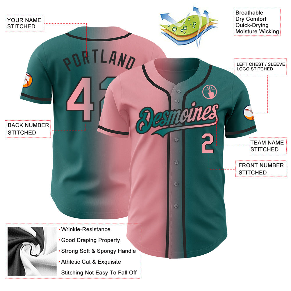 Custom Teal Medium Pink-Black Authentic Gradient Fashion Baseball Jersey view 3