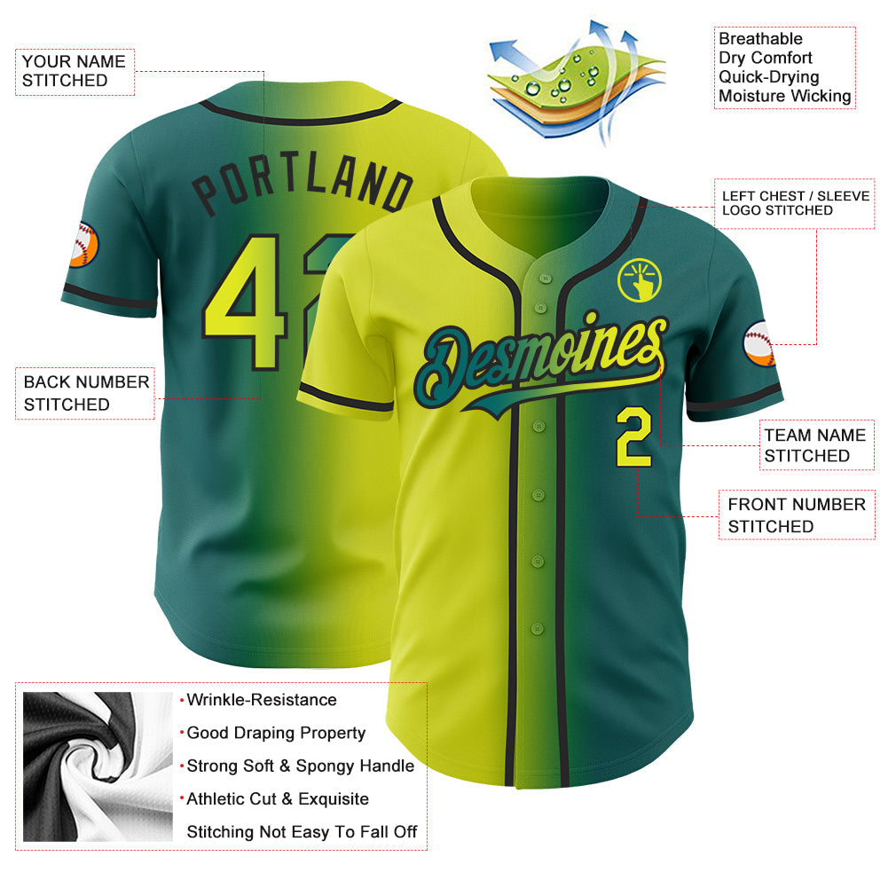 Custom Teal Neon Yellow-Black Authentic Gradient Fashion Baseball Jersey view 3