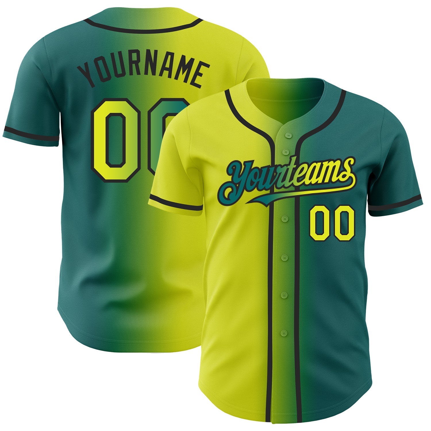 Custom Teal Neon Yellow-Black Authentic Gradient Fashion Baseball Jersey - Main View