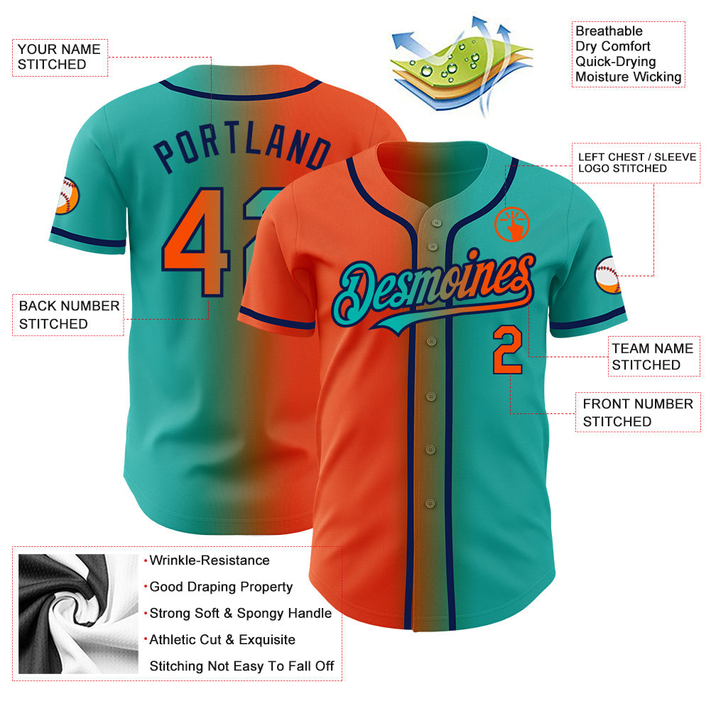 Custom Aqua Orange-Navy Authentic Gradient Fashion Baseball Jersey view 3