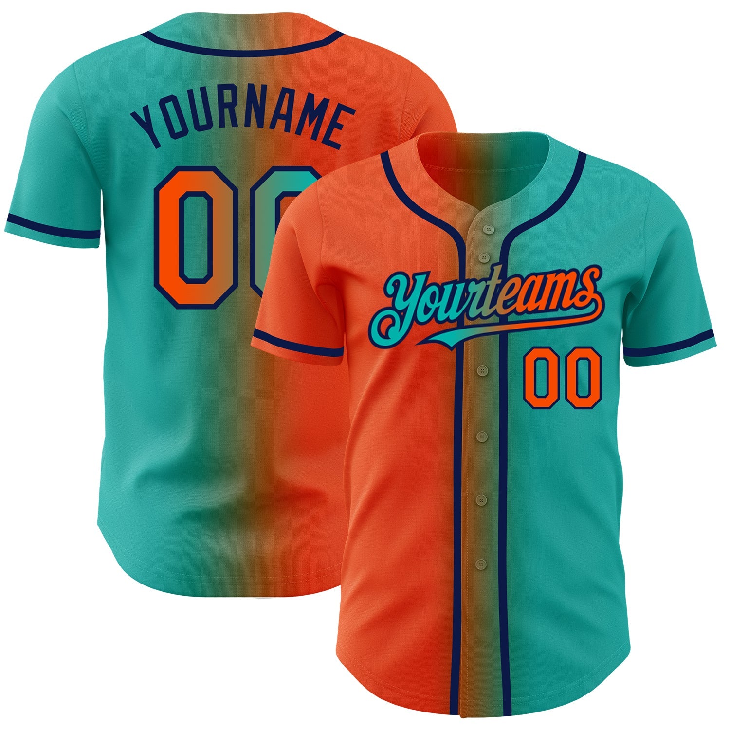 Custom Aqua Orange-Navy Authentic Gradient Fashion Baseball Jersey - Main View
