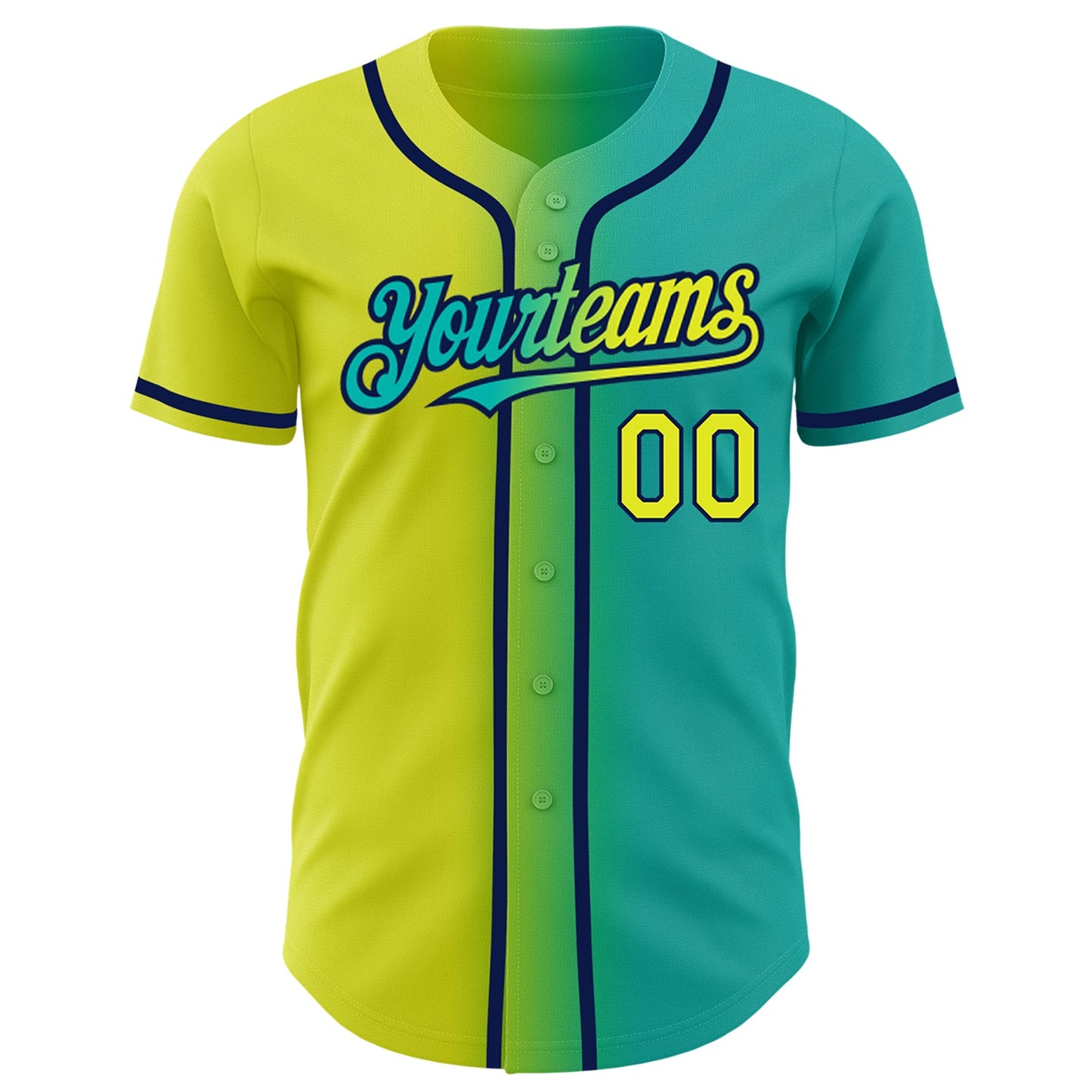 Custom Aqua Neon Yellow-Navy Authentic Gradient Fashion Baseball Jersey view 2