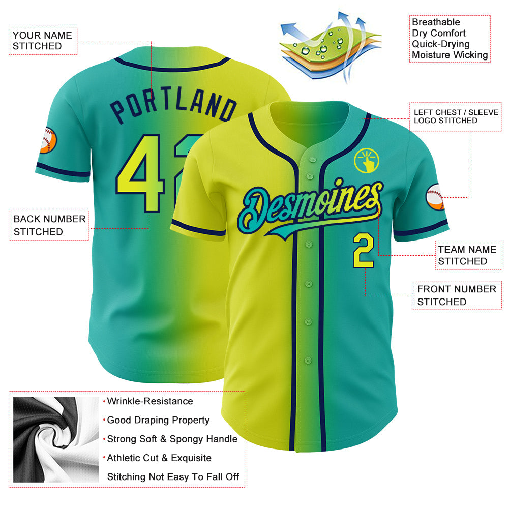 Custom Aqua Neon Yellow-Navy Authentic Gradient Fashion Baseball Jersey view 3