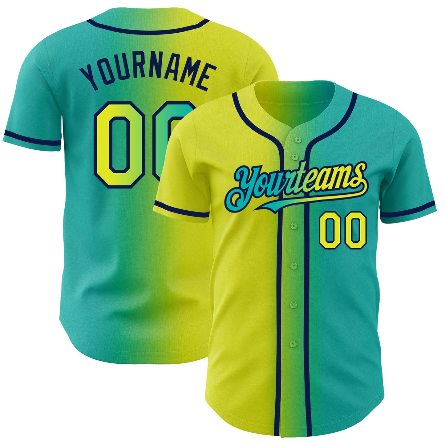 Custom Aqua Neon Yellow-Navy Authentic Gradient Fashion Baseball Jersey - Main View