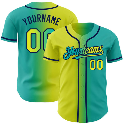 Custom Aqua Neon Yellow-Navy Authentic Gradient Fashion Baseball Jersey - Main View