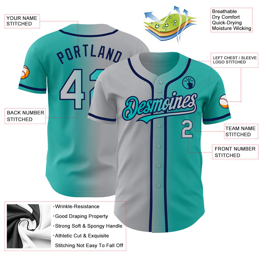 Custom Aqua Gray-Navy Authentic Gradient Fashion Baseball Jersey view 3