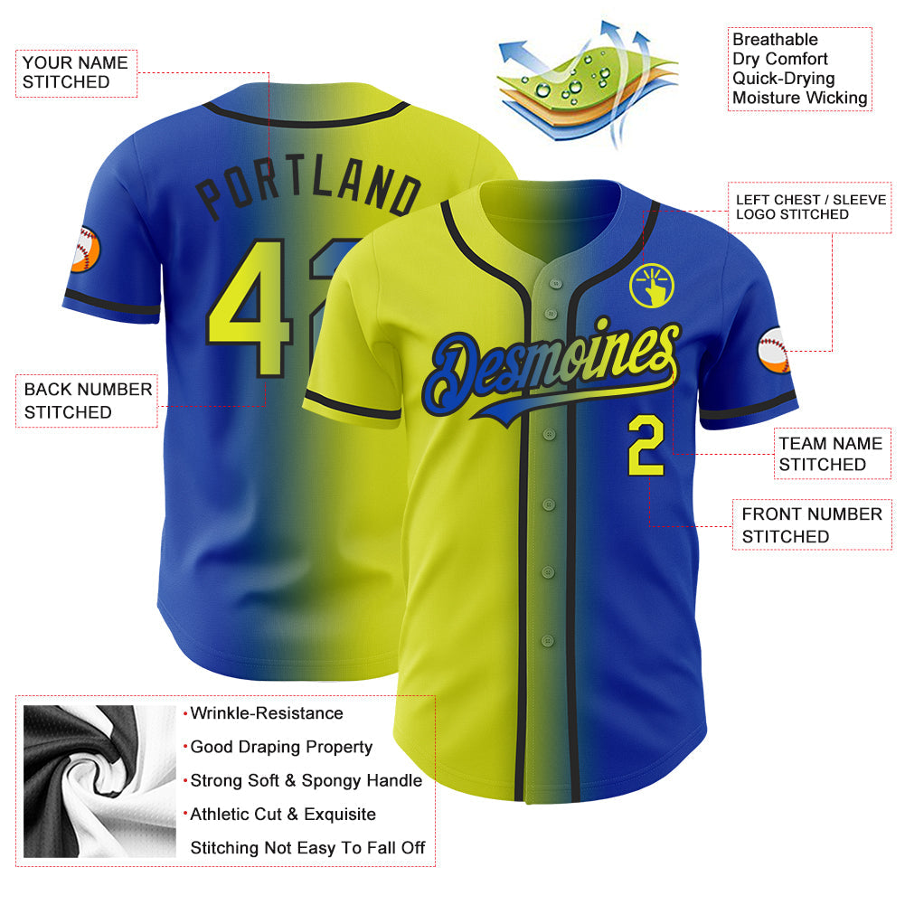 Custom Thunder Blue Neon Yellow-Black Authentic Gradient Fashion Baseball Jersey view 3