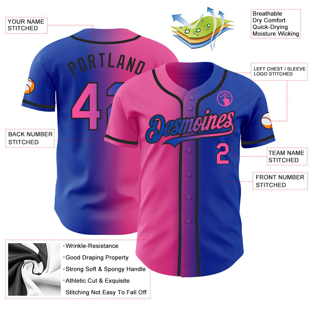 Custom Thunder Blue Pink-Black Authentic Gradient Fashion Baseball Jersey view 3