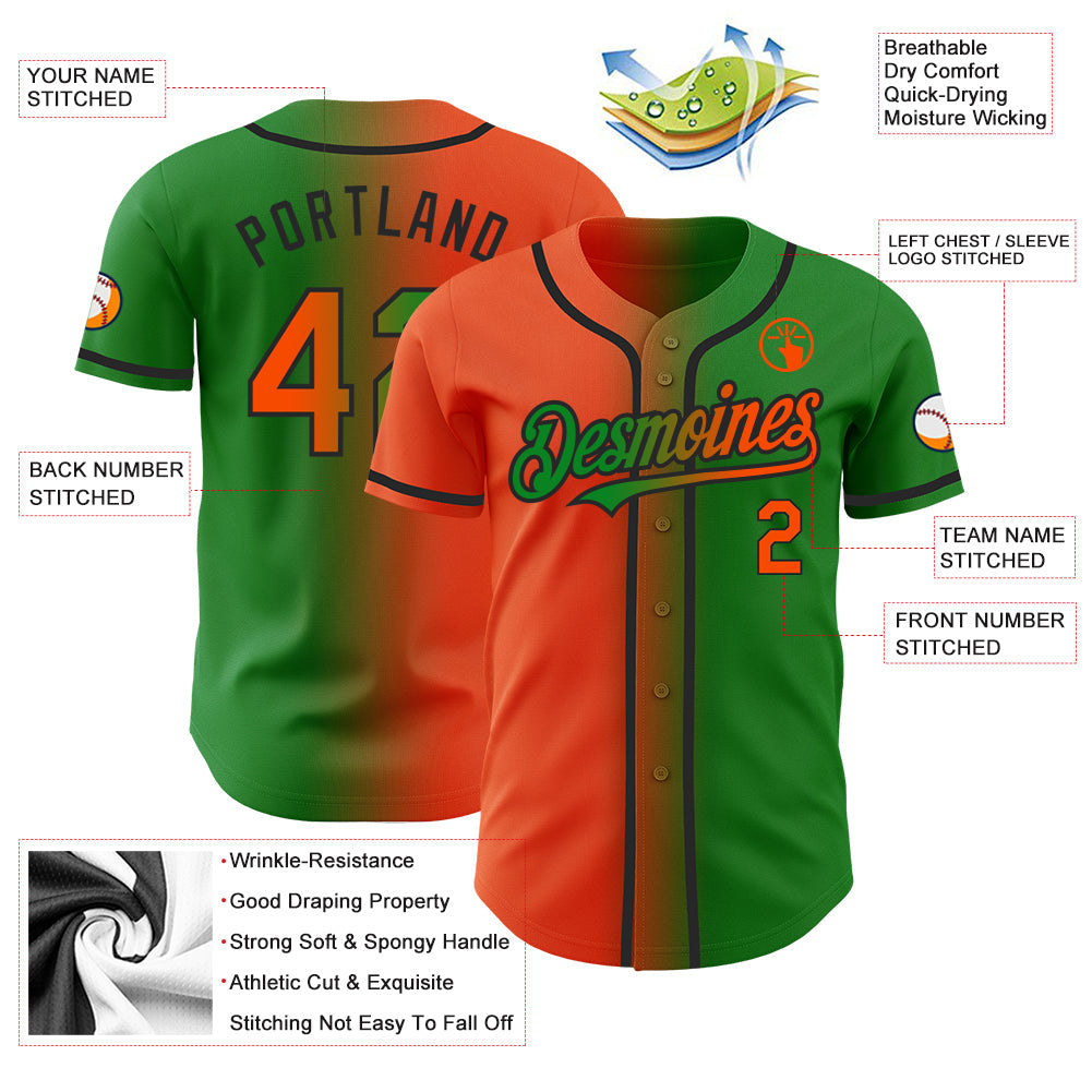 Custom Grass Green Orange-Black Authentic Gradient Fashion Baseball Jersey view 4