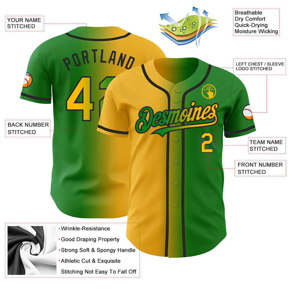 Custom Grass Green Gold-Black Authentic Gradient Fashion Baseball Jersey view 3