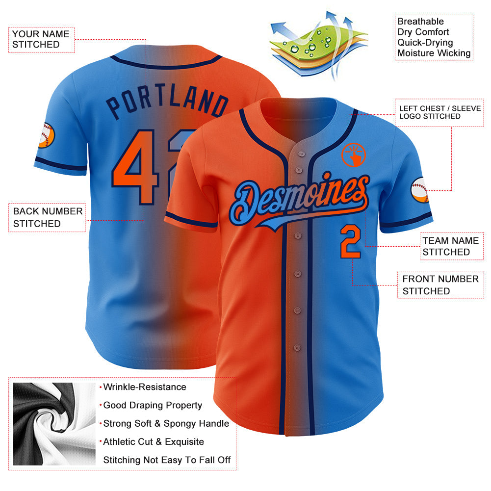 Custom Electric Blue Orange-Navy Authentic Gradient Fashion Baseball Jersey view 4