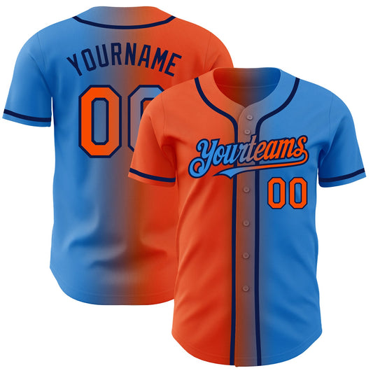 Custom Electric Blue Orange-Navy Authentic Gradient Fashion Baseball Jersey - Main View