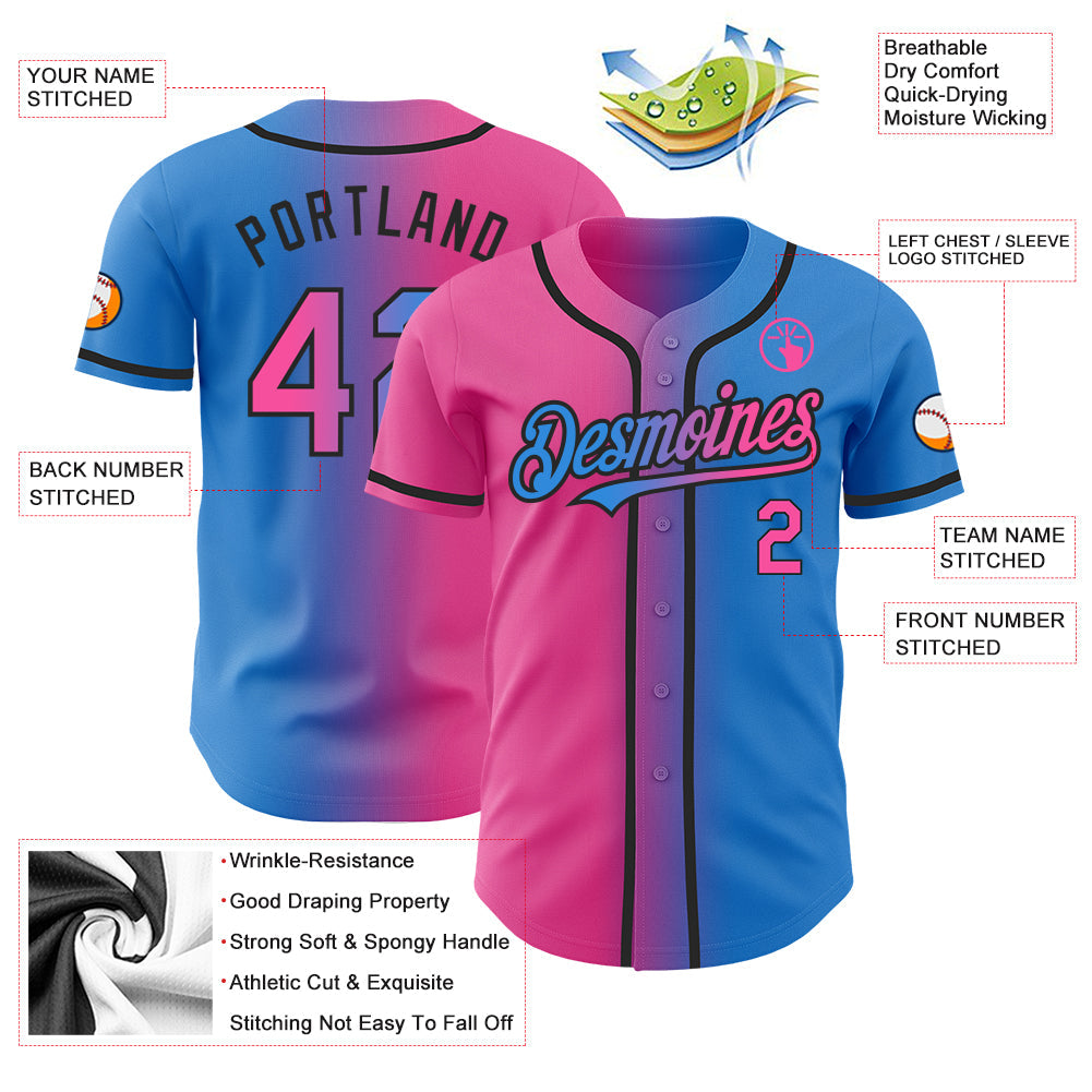 Custom Electric Blue Pink-Black Authentic Gradient Fashion Baseball Jersey view 3
